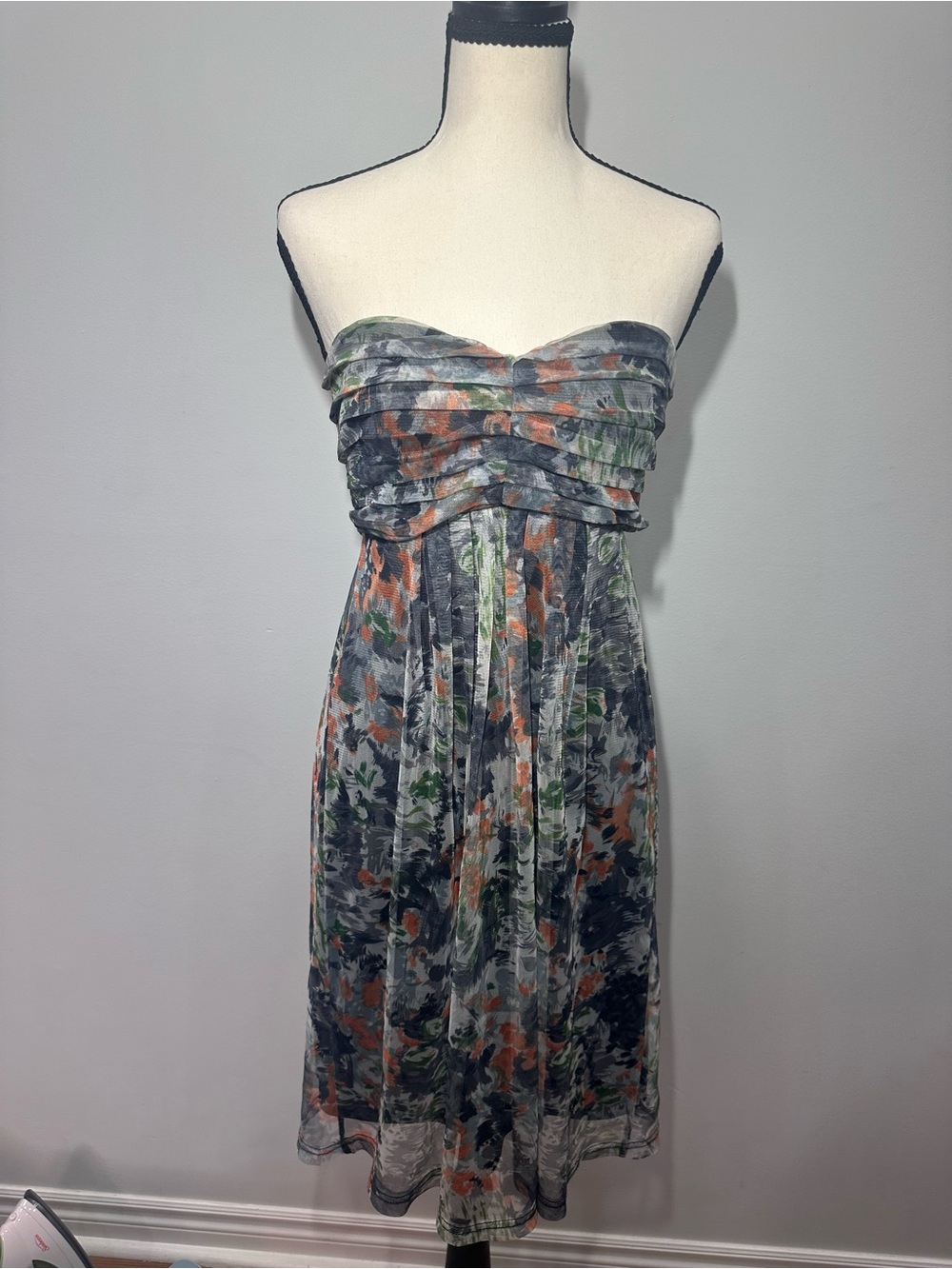 RIPE Strapless Floral Dress Gray Orange Green Mesh Whimsigoth Wedding Sz Medium